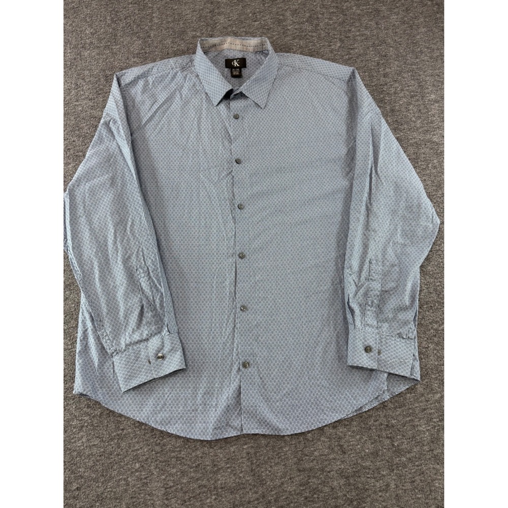 Calvin Klein Mens XL Blue White Micro Check Button Down Shirt Long Sleeve Cotton